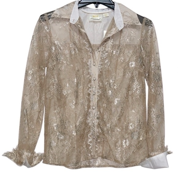 $130 Maeve by Anthropologie Gold Floral Button down Long Sleeve Sheer Blouse XS - Picture 1 of 5
